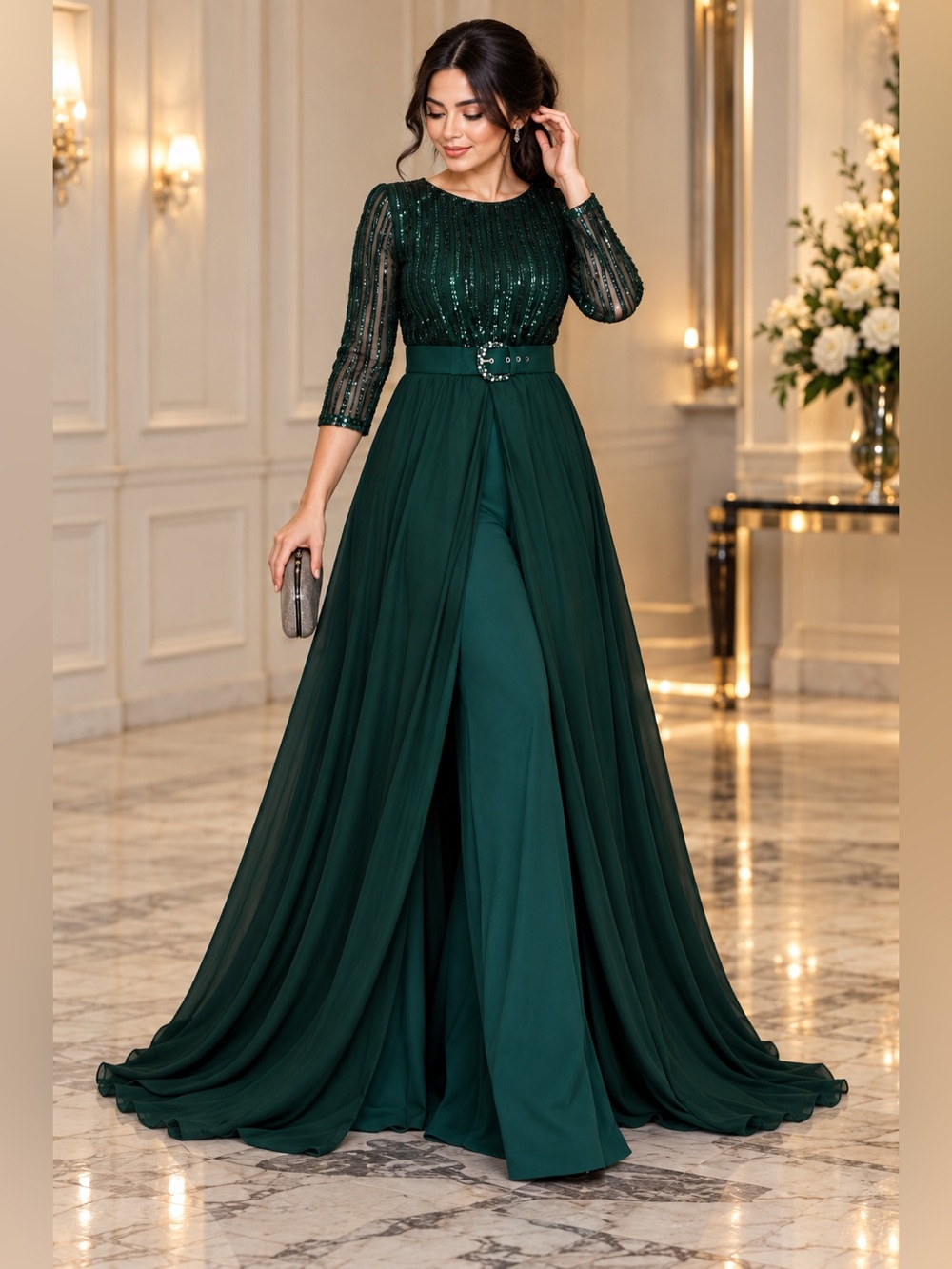 Dark Green Sequin Bodice Evening Dress with Flowing Skirt